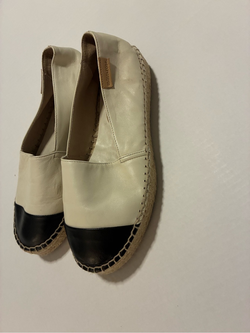 Two-Tone Cream and Black Leather Espadrille Flats